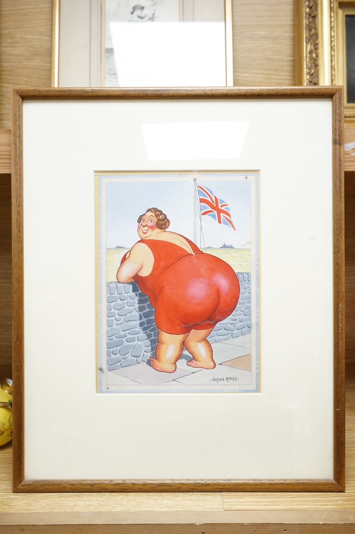 Donald McGill (1875-1962), original watercolour / gouache, 'British and proud of it!', signed, 22 x 16cm. Condition - fair